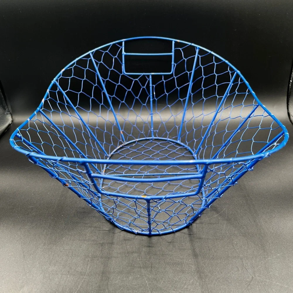 Blue Metal Chicken Wire Basket Scalloped Oval Storage Fruit Bowl Handles 16x12